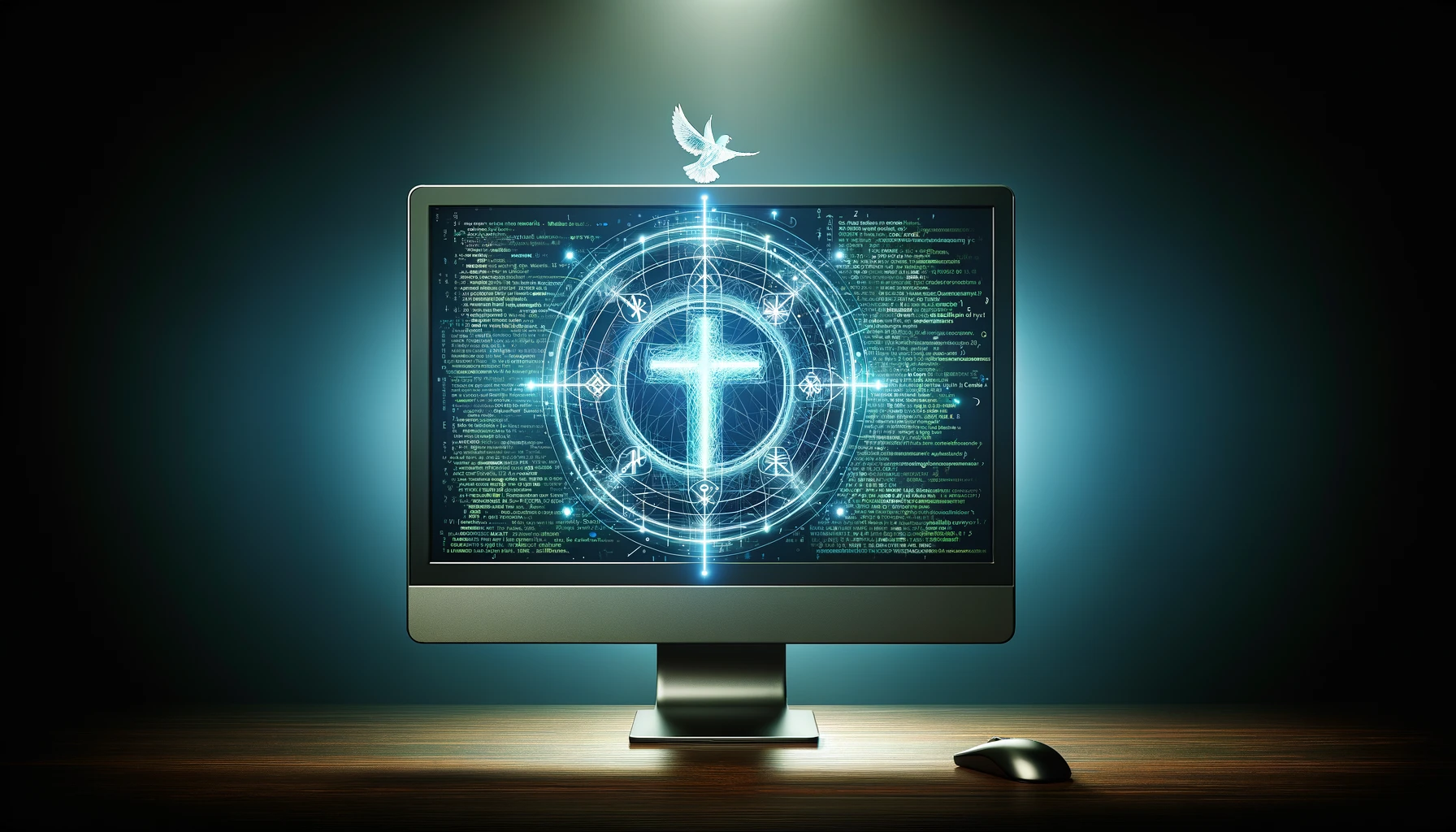 The intersection of faith and technology Placeholder image of a computer screen displaying code with symbols of faith like a cross or a dove