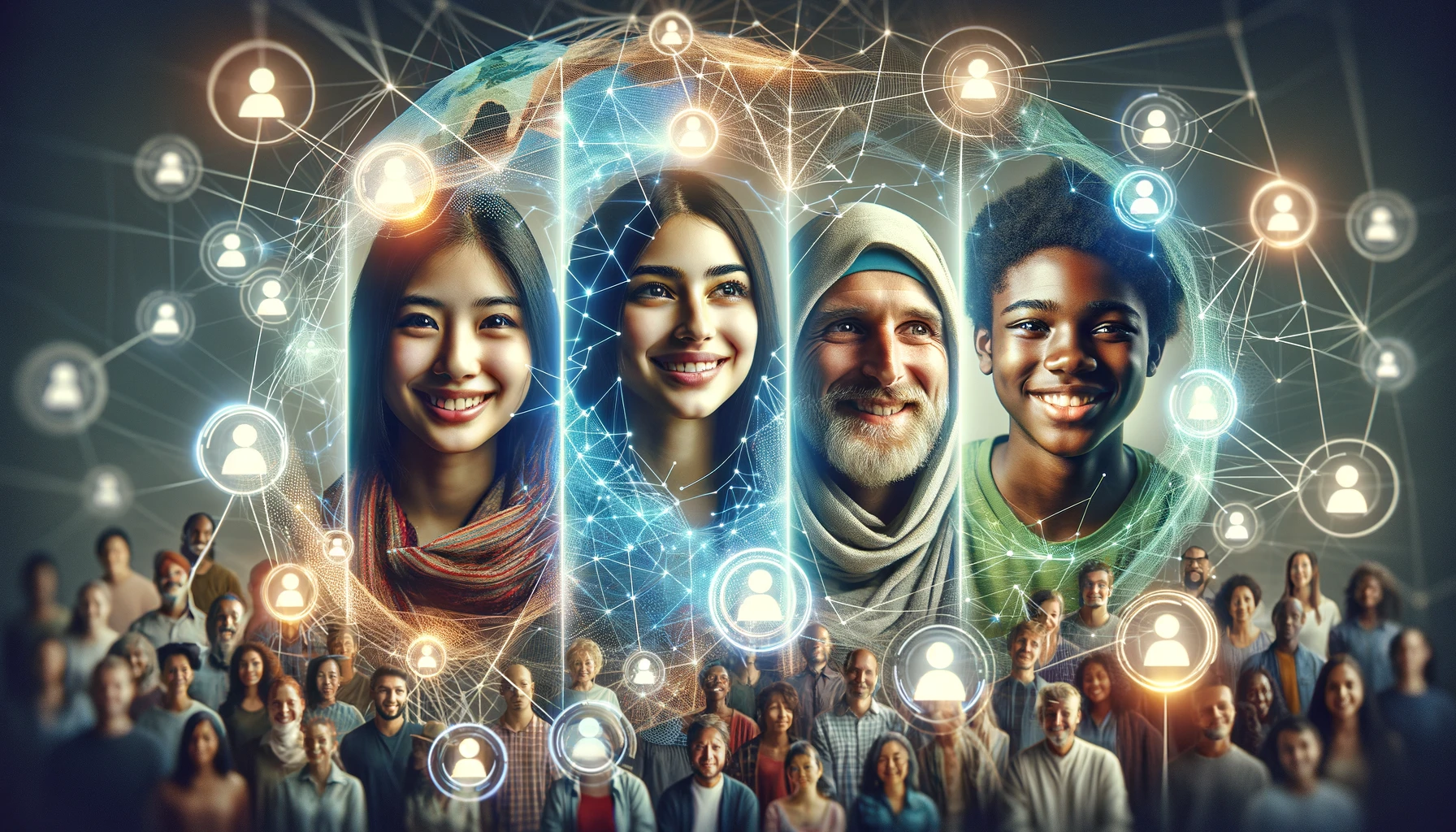 interconnected nodes of a network, suggestive of the interconnectedness of AI and humanity